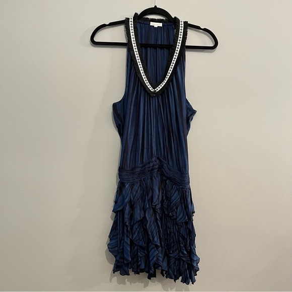 POUPETTE ST BARTH Beline Navy Deep Fringe V-Neck Slim Ruffle Mini Dress - Picture 2 of 15